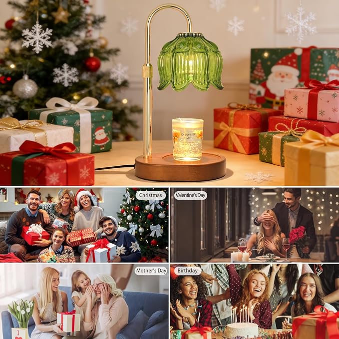 Flower Candle Warmer Lamp for Jar Candles with Timer & Dimmer, Adjustable Height Fits Large Jars up to 7.08" Tall, Flameless Wax Warmer, Cozy Bedroom Home Decor, Gift for Mom Women (Flower lamp-Green)