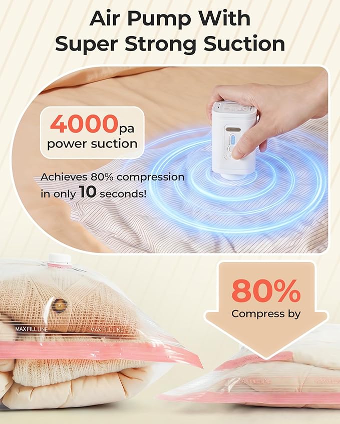 BAGSMART Vacuum Bags for Travel with Rechargeable Air Pump, Portable Space Saver Bags for Travel & Home, Vacuum Compression Seal Bag for Clothing, Blanket, 12 Pack Pink