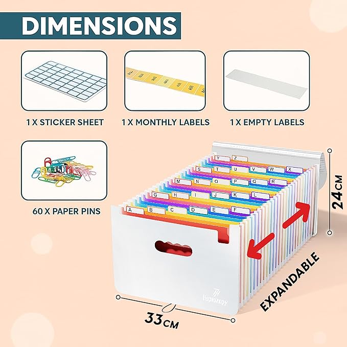 Plastic Accordion File Organizer, 26 Pockets Expandable File Folder Organizer, A4 Letter Size Filing Organizer with Colorful Tabs, Elastic Cord, 60 Paper Clip, Label & Stickers for Office School Home