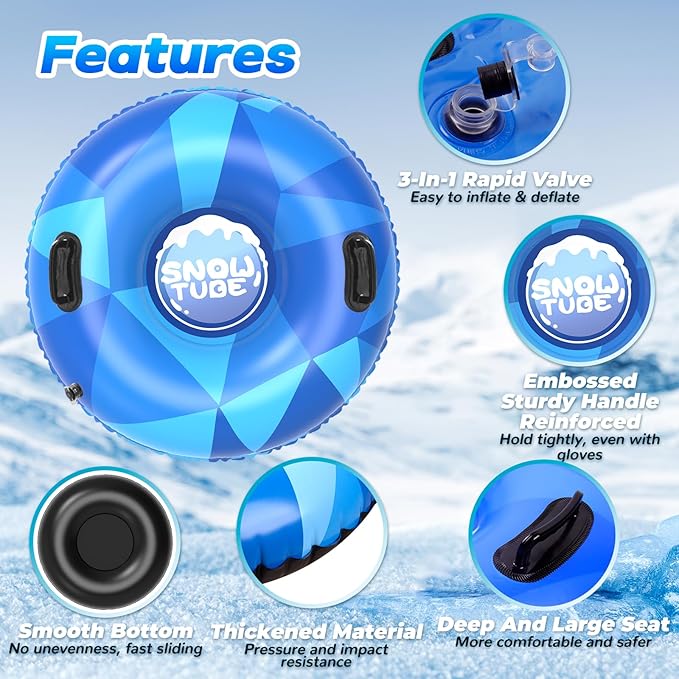 WOLKEK 3Pack Snow Tubes, Snow Sled for Kids and Adults, Cold-Resistant Inflatable Snow Tube, Thickened Heavy Duty Sleds for Winter with Handles, Snow Toys, Snow Sleds for Family Activities Outdoor Fun