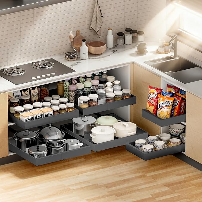 2 Pack Pull out Cabinet Organizer Expandable Width(12"-20") and 21"Depth, No Drill Adjustable Slide Out Drawers for Kitchen, Cabinets With 3 Slide Rails,Magnetic Panel, Adhesive Roll out Shelves