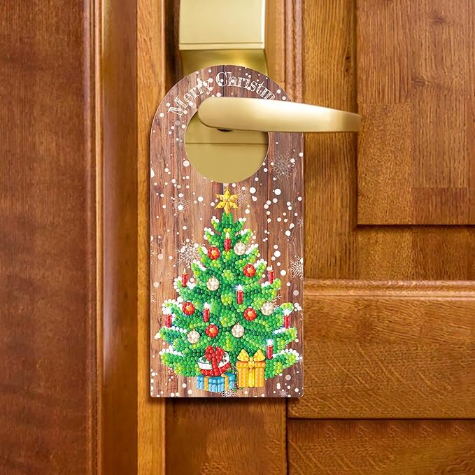 5D Diamond Dots Wood Christmas Door Knob Hanger Ornaments DIY Kit Diamond Art Painting Christmas Tree Hanging Sign Doorknob Pendant Special Shaped Crystal Paint by Number Stitch Room Front Door Decor
