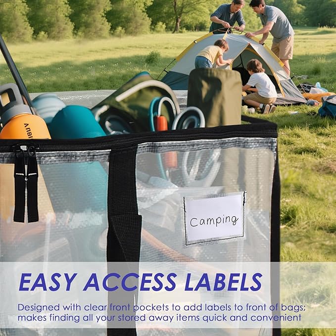 SINLAND 4 Pack Extra Large Heavy Duty Moving Bags with Strong Zippers, Reinforced Handles and Tag Pocket, Packing Totes Supplies for College Dorm Room, Packing Bags for Saving Space(Semi-Transparent)