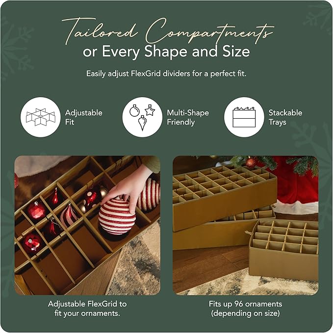 Covermates Keepsakes Adjustable Ornament Storage Bag – Heavy-Duty Polyester, Padded Dividers & FlexGrid Trays – Protective Holiday Ornament Organizer with Handles & Label Window, Green