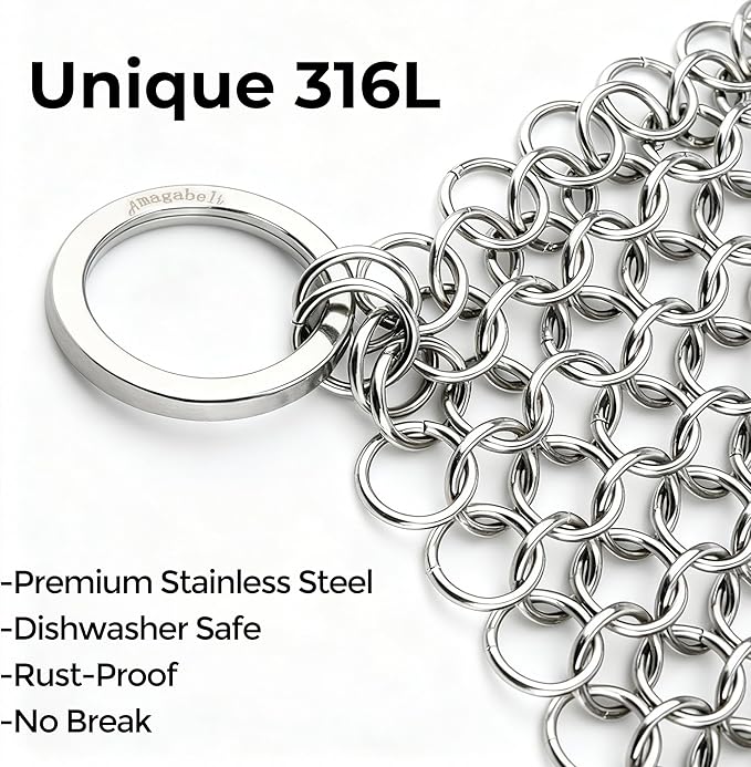 AMAGABELI GARDEN & HOME 8” x 8” 316 Stainless Steel Cast Iron Cleaner Chainmail Scrubber for Cast Iron Pan Skillet Cleaner for Dishes Glass Pre-Seasoned Cast Iron Pot Seasoning Protection BG262