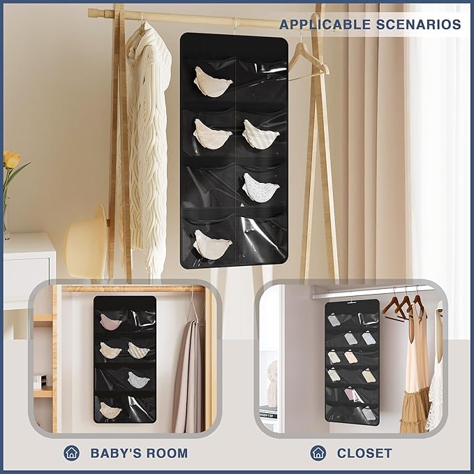 27-Pocket Hanging Organizer for Socks, Underwear, Bras, and Leggings, Dual-Sided Closet Storage for Lingerie and Kids’ Clothing, Black