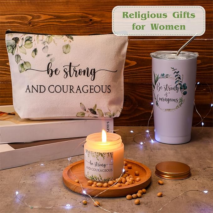 Sieral 3 Pcs Christian Easter Gift Set for Women 20oz Tumbler, Prayer Candle & Bible Verse Makeup Bag, Inspirational Religious Church Faith Birthday Gift for Mothers Day Mom(Be Strong and Courageous)
