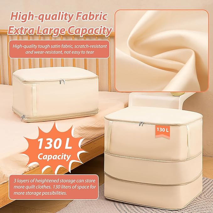 Veki Comforter Storage Bag, Space Saving Self Compression Foldable Blanket Storage Bags, Closet Organizer With Handle and VisualiZation Window, Large capacity 130L for Bedding, Clothes (Apricot XL)