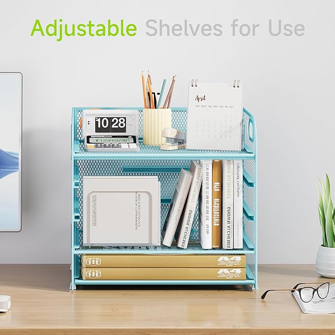 Cawukege 5 Tier Paper Organizer with Handle, Blue Metal Mesh Desk Organizer File Folder Paper Letter Tray Desktop Document Sorter for Classroom, School, Office Accessories Organization and Storage