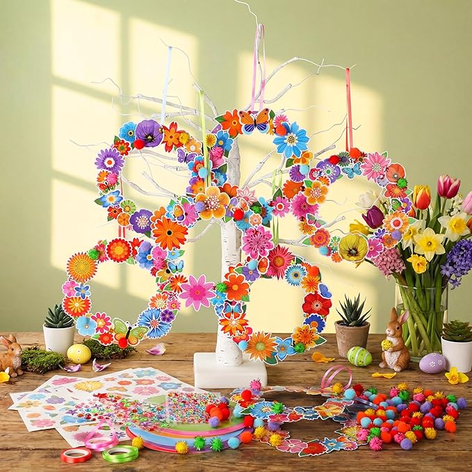 Hollowfly 48 Sets Spring Wreath Craft Kits DIY Flower Hanging Ornaments Make Your Own Paper Craft with Stickers for Home Spring Party Mother's Day Activities