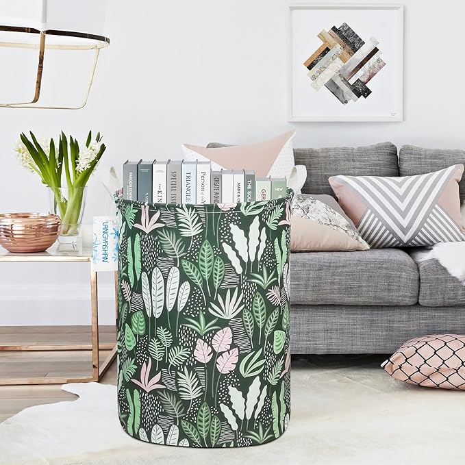 LANGYASHAN Laundry Basket Canvas Fabric Collapsible Organizer Basket for Storage Bin Toy Bins Gift Baskets Bedroom Clothes Children Nursery Hamper (Round Leaf)