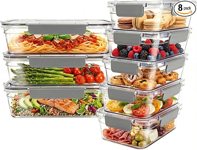 2.8L Tritan Plastic Food Storage Containers, Airtight Tritan Plastic Locking for Fridge Freezer, Meal Prep, Deli Meat, Snacks, 8 Containers with Lids, 16 pieces, Extra Large, Clear
