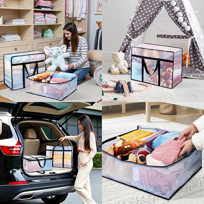 4 Pack Clear Blanket Storage Bags, Plastic Comforter Clothes Storage Bags Underded Moving Bags Closet Organizers and Storage Zippered Sturdy Handle for Bedding, Clothes, Linen, Toys, Quilt, Duvet 40L