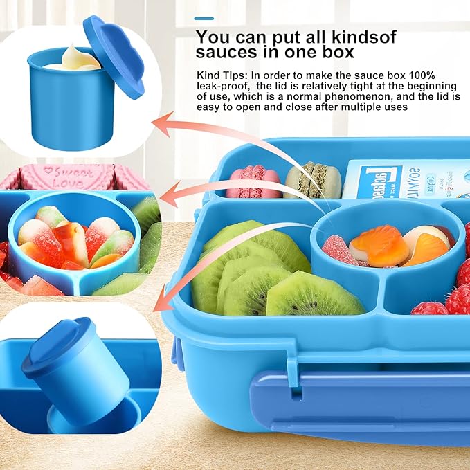 Lunch Box Kids,Bento Box Adult,Lunch Containers for Adults/Kids/Toddler,5 Compartments Bento Lunch Box with Sauce Vontainers,Microwave & Dishwasher & Freezer Safe,BPA Free(Blue)