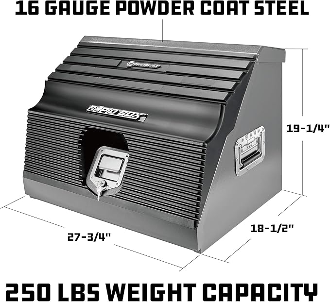 Powerbuilt 26 Inch Portable Slant Front Rapid Toolbox Tiered Stairstep Tool Holders, 16 Gauge Steel, Chrome Hardware, Weather-Resistant Lockable Polymer Lid, Grey, 240111