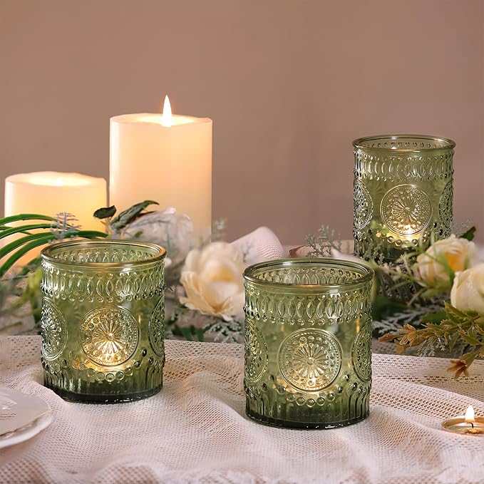 DEVI 8oz Empty Green Embossed Glass Candle Jars for Making Candles Set of 8, Bulk Empty Candle Containers, Glass Tins Making Supplies for Gifts, Wedding Decorations