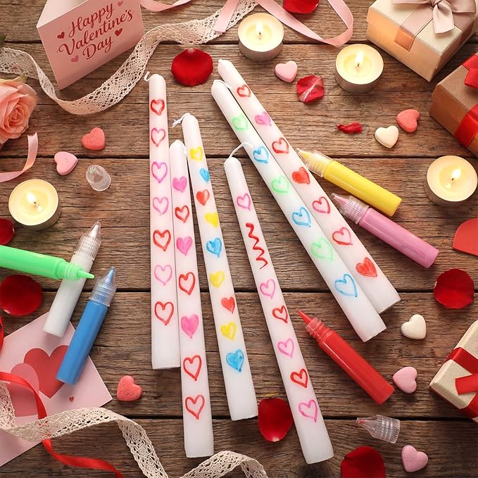 Lounsweer 12 Pcs Galentine DIY Candle Painting Kit Bulk 6 Set Ivory Taper Candles and Wax Pen Valentine's Day Candle Painting Crafts Gifts for Adult Couples DIY Making Crafts Wedding Party Decor