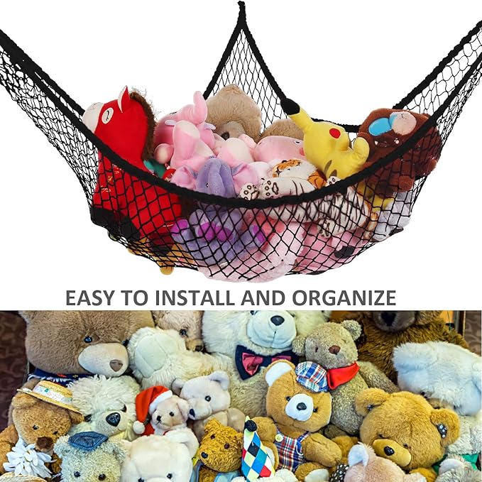Toy Hammock for Stuffed Animals, Stuffed Animal Hammock Net Jumbo Plush Toy Storage Cornet Net 70" Wall Sling Large Teddy Bear Mesh Toy Net Organizer Black