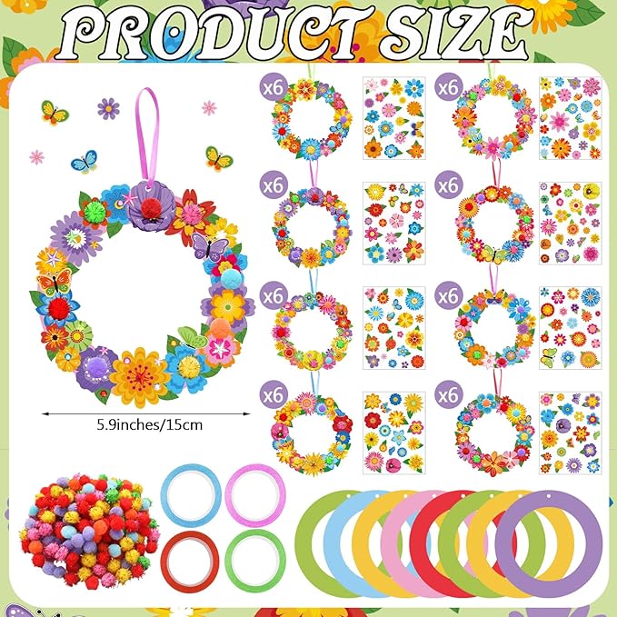Hollowfly 48 Sets Spring Wreath Craft Kits DIY Flower Hanging Ornaments Make Your Own Paper Craft with Stickers for Home Spring Party Mother's Day Activities