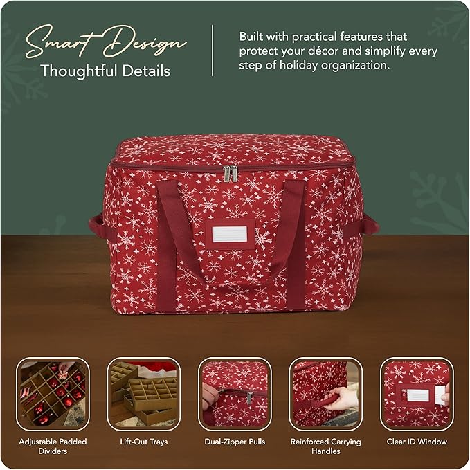 Covermates Keepsakes Adjustable Ornament Storage Bag – Heavy-Duty Polyester, Padded Dividers & FlexGrid Trays – Protective Holiday Ornament Organizer with Handles & Label Window, Red Snowflake