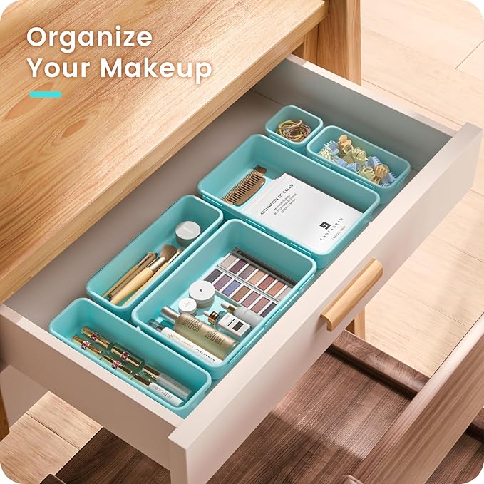 【𝟮𝟴𝗣𝗖𝗦】 【𝟱𝗦𝗶𝘇𝗲】 BlueGreen Drawer Organizer, Makeup organizer, 【Holds 177 Items】 Bathroom Organizers and Storage, Plastic Desk Organizer Divider, Organizer Bins for Office Vanity A-LUGEI