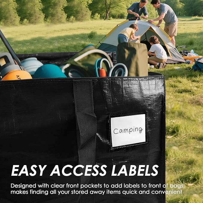 SINLAND 4 Pack Extra Large Heavy Duty Moving Bags with Strong Zippers, Reinforced Handles and Tag Pocket, Packing Totes Supplies for College Dorm Room, Packing Bags for Saving Space (Black)