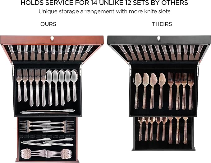 boldworks Silverware Storage Box Silverware Chest Case for Silver Flatware with Lid Tarnish Proof Felt Lined Partition and Drawer Holds Service for 14 Includes Polishing Cloth