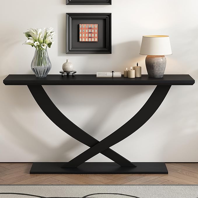 Modern Rustic Wood Console Table 57-Inch Entryway Sofa Table Home Accent Furniture for Living Room Entrance Hallway, Black
