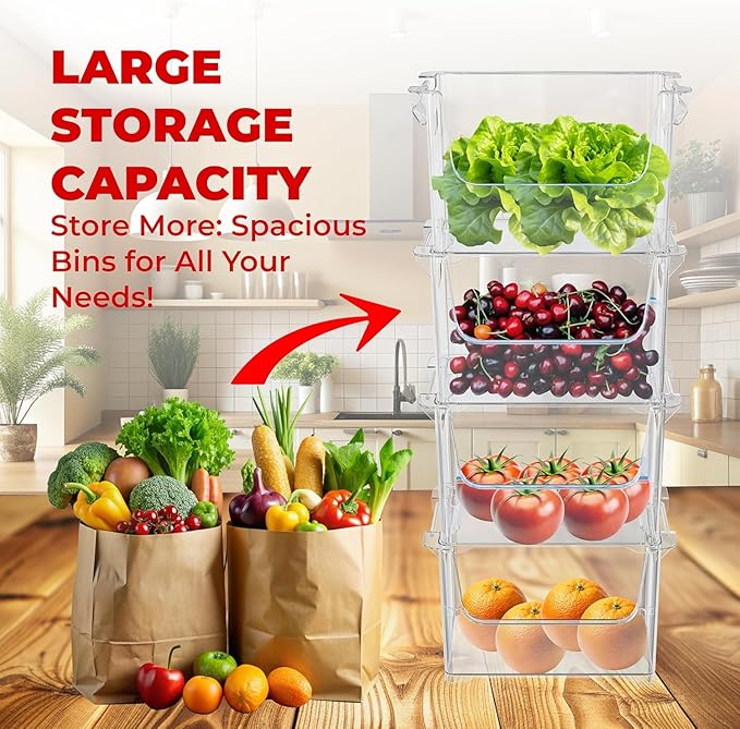 TidyFriend Stackable Storage Bins for Pantry - 4 Pack Stackable Bins for Organizing Food, Kitchen, and Bathroom Essentials (Clear)