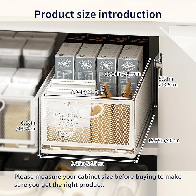 Pull Out Cabinet Organizer, No Drill Adhesive Sliding Drawers for Kitchen, Metal Mesh Wire Storage Shelf for Pantry & Under Sink, White (9.6" W x 15.7" D x 6.1" H)