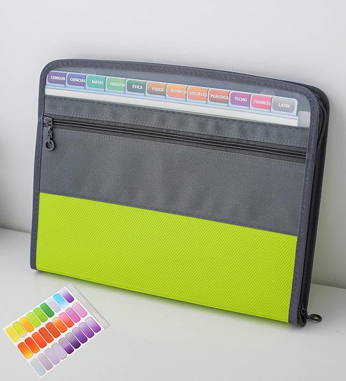 NAFY Expanding File Folder, 13 Pockets Document Organizer with Zipper, A4 Letter Size Portable Accordion Expanding File Folders with 27pcs Multicolor Labels for Home Office School Supplies (Green)