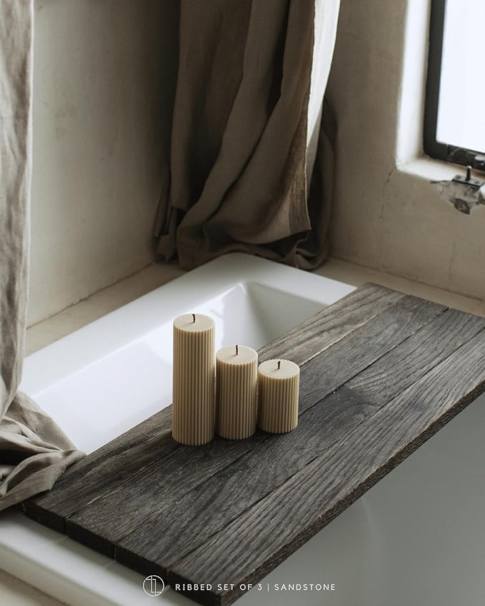 LAWA Roman Handmade Tall Ribbed Pillar Candle - Beautiful Scented Soy Wax Dinner Candle | Classic Aesthetic Decoration Set | Housewarming Gift | Home Room Shelf Decor Idea - Moon Gray (Set of 3)
