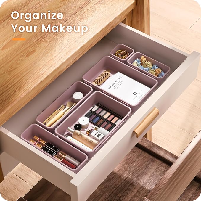 【𝟮𝟴𝗣𝗖𝗦】 【𝟱𝗦𝗶𝘇𝗲】 Purple Drawer Organizer, Makeup organizer, 【Holds 177 Items】 Bathroom Organizers and Storage, Plastic Desk Organizer Divider, Organizer Bins for Office Vanity A-LUGEI