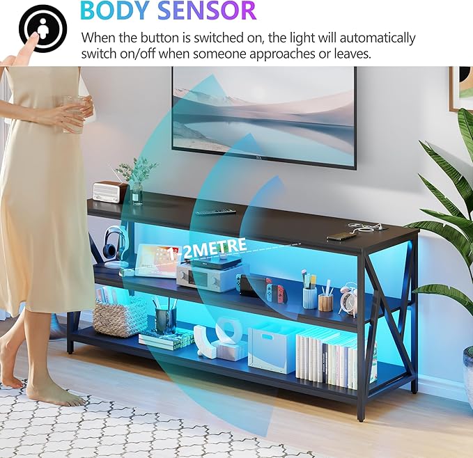 Lvifur RGB TV Stand up to 65''Televisions, TV Console Table with Wireless Charging Station,Entertainment Center with Human Body Sensor and Storage Shelves for Living Room，Bedroom(Black)