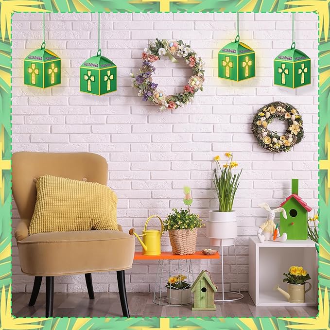 Simgoing 12 Sets Palm Sunday Crafts with LED Candles Easter Religious Palm Leaf Cross Tissue Paper Lanterns Craft Kits Sunday School Religious Holy Week Hanging for Easter Party Activities