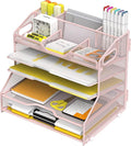 YINGHUA 5 Tier Paper Tray Letter Organizer with Top 6 Adjustable Compartments - Paper Sorter Office Desktop Accessories with Handles for Document,Mail,School Supplies Storage,Pink