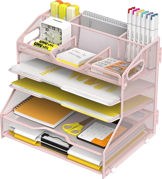 YINGHUA 5 Tier Paper Tray Letter Organizer with Top 6 Adjustable Compartments - Paper Sorter Office Desktop Accessories with Handles for Document,Mail,School Supplies Storage,Pink
