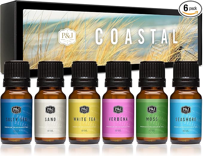 P&J Trading Fragrance Oils for Diffusers for Home Fragrance Scents for Candle Making - Soap Making Supplies - Car Diffuser Scents - Essential Home Gift Set - Coastal - White Tea, Sand, Verbena & More