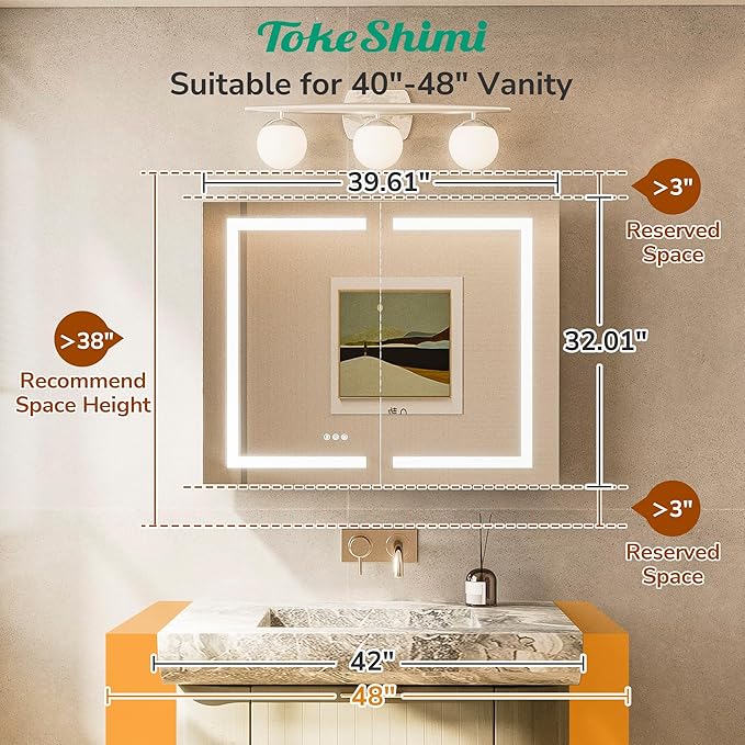TokeShimi 40x32 Led Medicine Cabinet Mirror for Bathroom with Outlet, Medicine Cabinet with Lights 3 Colors Dimmable and Defogger, Surface or Recessed Mount Mirror with Storage Modern Bathroom