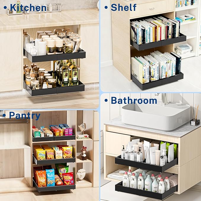 2 Pack Pull Out Cabinet Organizer Expandable Width(12.2"-20.47") & 21"Deep, Insputer No Drill Adhesive Slide Out Drawers with Upgrade 3 Slide Rails, Magnetic Panel, Roll Out Shelf for Kitchen, Pantry