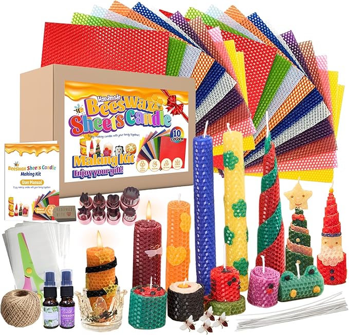 Beeswax Candle Making Kit for Adults & beginners 100% Pure Beeswax Candle Making Supplies with 20 Colorful Sheets, 8 Press-Out Molds, Glass Candle Holders & Complete Gift Supplies | Creative DIY Craft