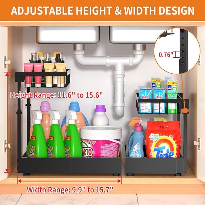 CAWIU 2-Pack Expandable Under Sink Organizers and Storage, 2-Tier Adjustable Pull-Out Cabinet Organizers, Slide-Out Shelves with Width (9.9"-15.7") & Height (11.6"-15.6") for Kitchen & Bathroom