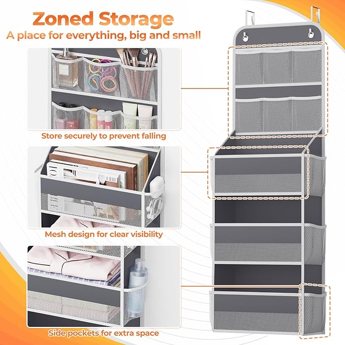 SpaceHacks 5-Tier Over The Door Organizer with Mesh Pockets, Baby Nursery Storage for Closet, Bathroom and Bedroom, Adjustable Hanging Closet Organizer for Cosmetics, Books and Essentials (Dark Grey)