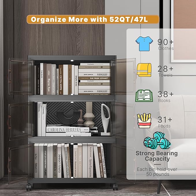 UAMFURI Extra Large Stackable Storage Bins with Lids & Wheels, Foldable Collapsible Closet Organizers Dark Storage Cabinet with Doors for Bedroom Dorm