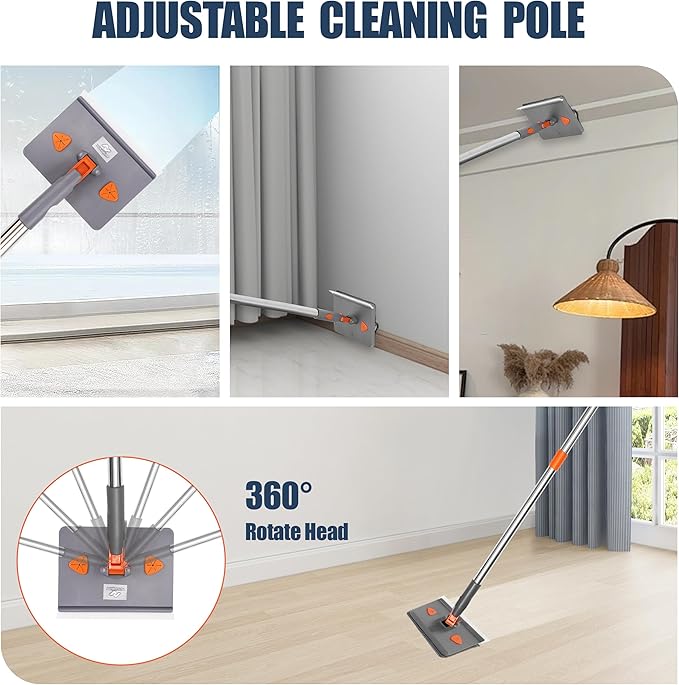 NexaGlow Baseboard Cleaner Tool with Handle | 3-in-1 Adjustable Cleaning Mop with Microfiber Pads & Gloves | 180° Wall Mop Cleaner with 66" Long Handle for Walls, Windows, Floors & Baseboards