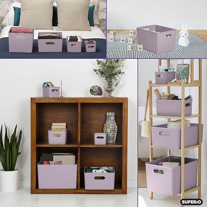 Superio Ribbed Collection - Decorative Plastic Basket Open Home Storage Bins Organizer, X-Large Lilac Purple (4 Pack) Container Boxes for Organizing Closet Storage Bins for Shelves 22 Liter/23 Quart