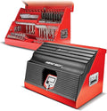 Powerbuilt 26 Inch Portable Slant Front Rapid Toolbox Tiered Stairstep Tool Holders, 16 Gauge Steel, Chrome Hardware, Weather-Resistant Lockable Polymer Lid, Red, 240311