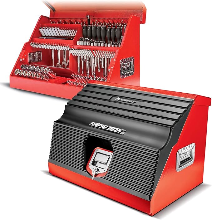 Powerbuilt 26 Inch Portable Slant Front Rapid Toolbox Tiered Stairstep Tool Holders, 16 Gauge Steel, Chrome Hardware, Weather-Resistant Lockable Polymer Lid, Red, 240311