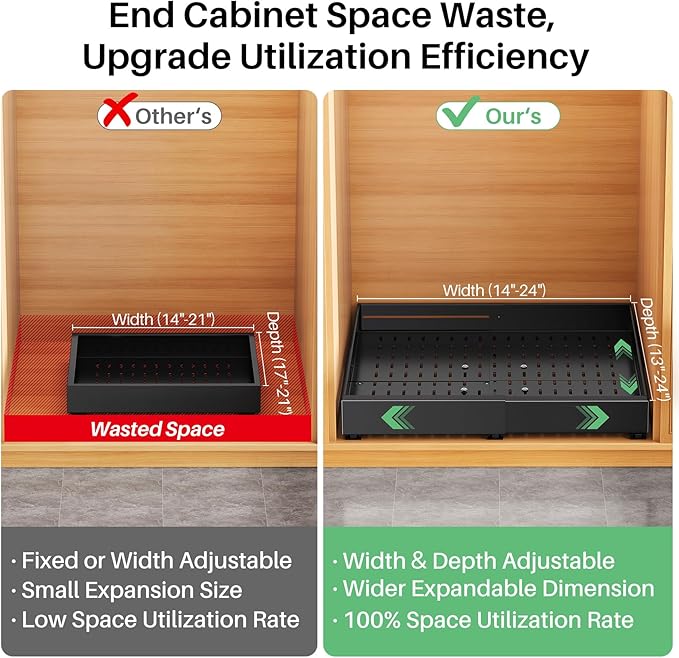 Pull out Cabinet Organizer, Expandable Width(14"-24"), Depth(13"-24") with 3 Rails, Slide Out Drawers With Raising Pad for Framed Cabinets, Fixed with Adhesive Film for Cabinets in Kitchen, Black