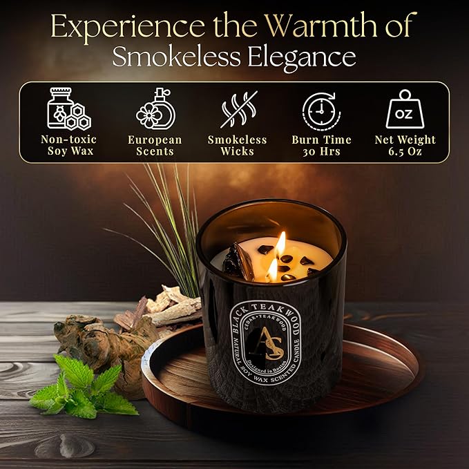 Scented Candle for Men with Luxurious Obsidian Bracelet, Teakwood for Home Scented, Hand-Poured Natural Soy Wax, Stress Relief Masculine Gift for Men, Dad, Boyrfriend, Powerful Manifestation Crystals